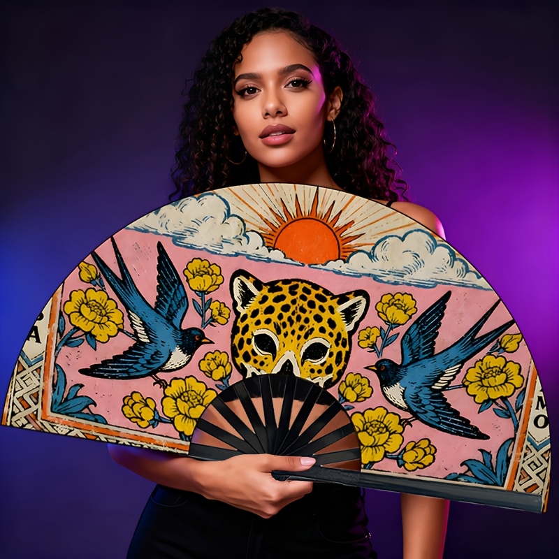 TEMU A Vintage Leopard Print Skull And Blue Handheld Fan | Material, And Tattoo Style, Artistic Illustration With Decorative Borders, Use, Women's