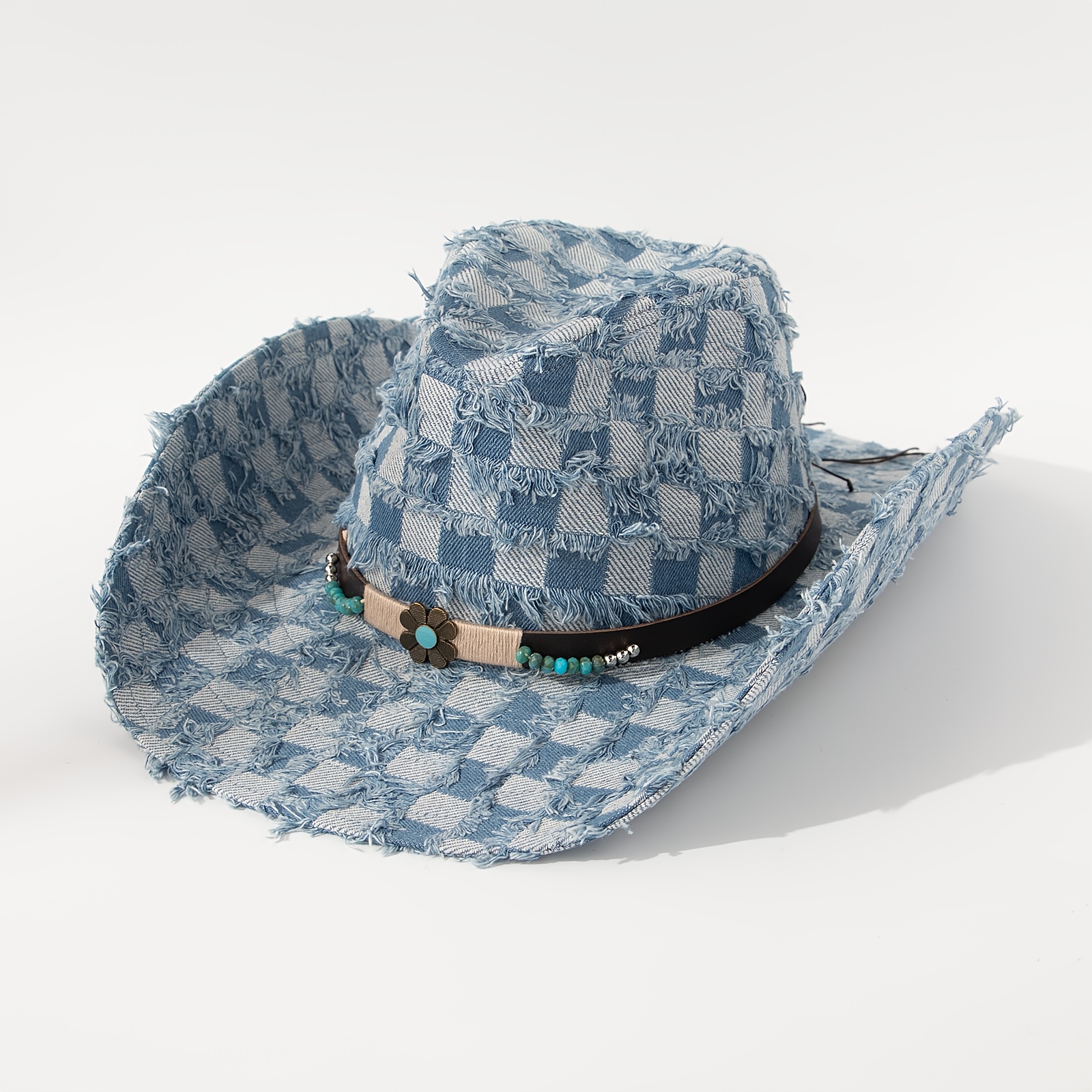 vintage blue distressed cowboy hat turquoise banding - Temu 