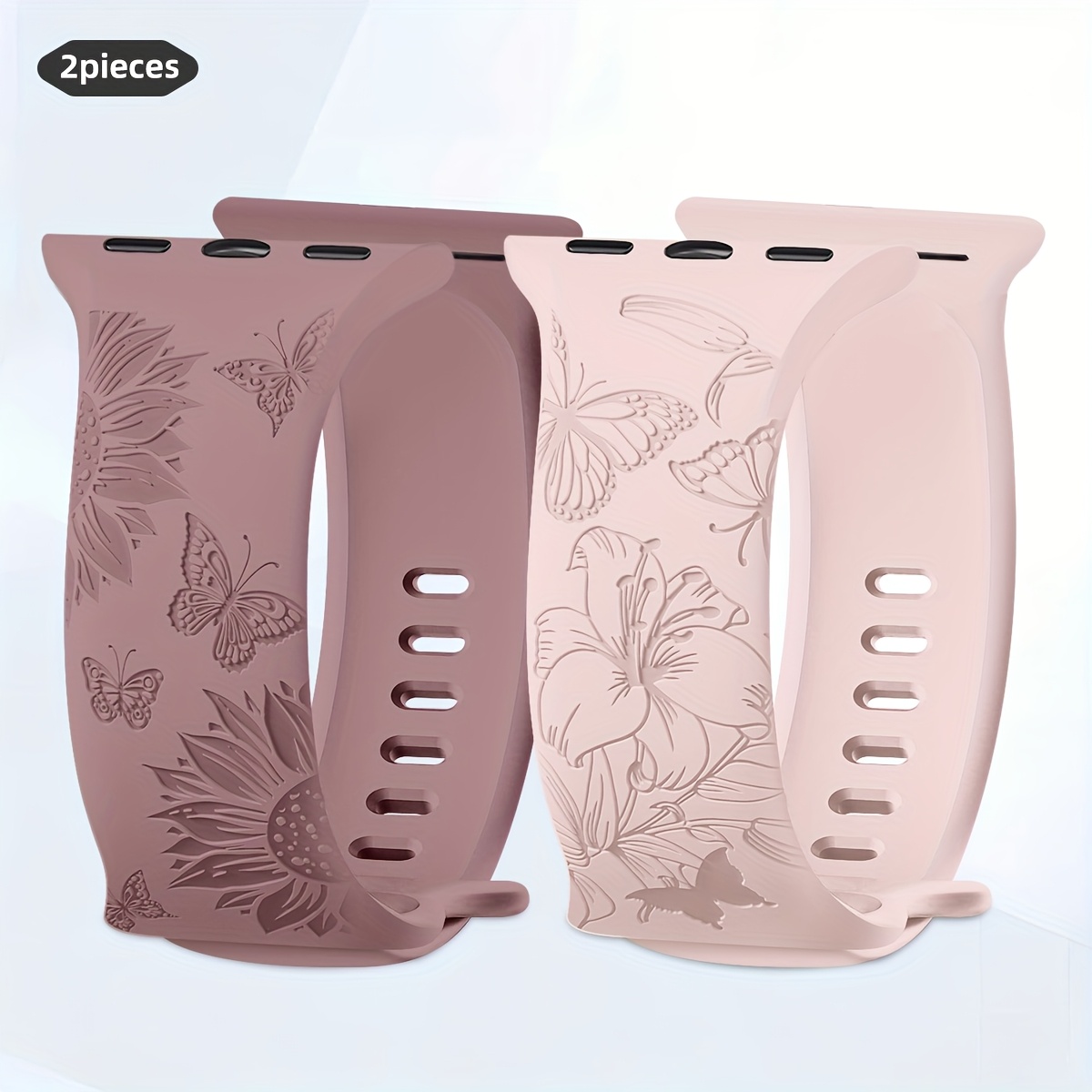 Image of Women-compatible Watch 40mm 41mm 38mm 42mm 44mm 44mm 45mm 46mm 49mm Iwatch Series 10 6 5 4 3 Ultra 2/1 2nd, Beautiful And Stylish Soft Silicone Floral Engraving Wristband (2 Packs)