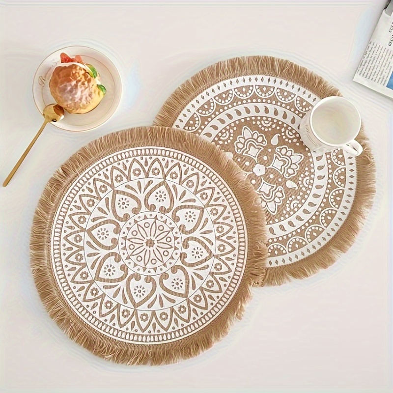 

Boho Chic 15in Handwoven Jute Placemat With Tassel Trim - Heat-resistant, Round Table Mat For Dining & Decor - Perfect For Home, Cafe, Restaurant Use