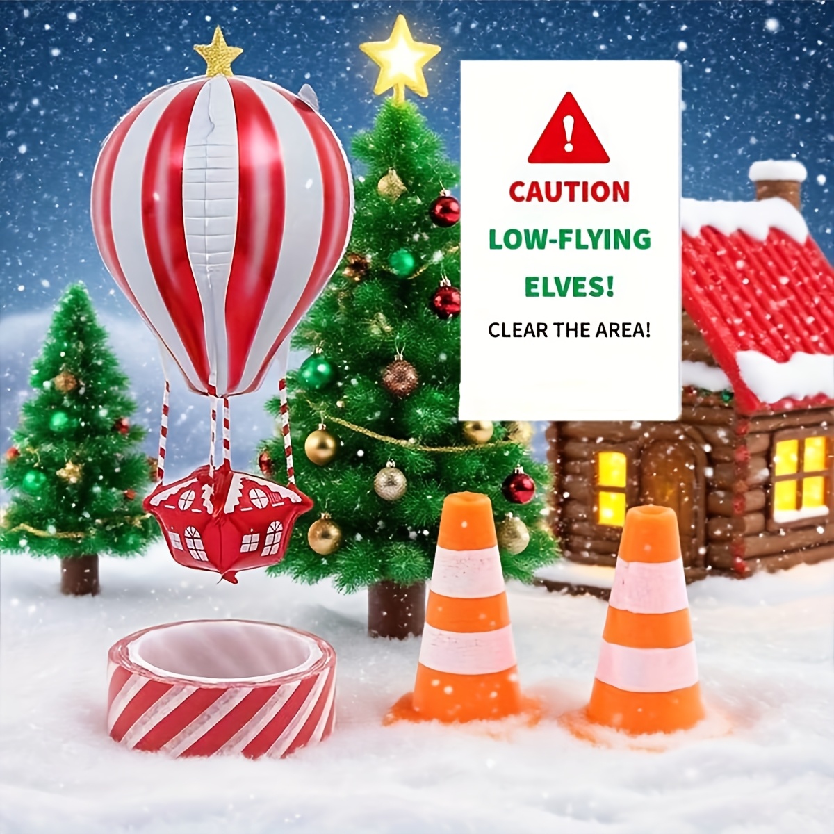 Image of Elf Balloon Landing Gift Set, Holiday Party Christmas Decoration, With Snowman, Cane Candy And Warning Signs, Suitable For Holiday Parties And Photo Props, Celebrating Christmas Day