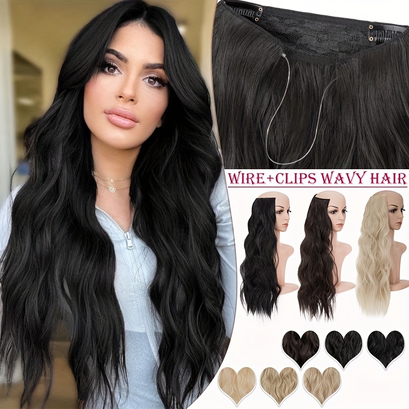 s noilite invisible wire hair extensions with transparent wire adjustable size with 4 secure clips synthetic hair piece long wavy secret headband hairpieces for women 20 inch ombre brown highlight details 6