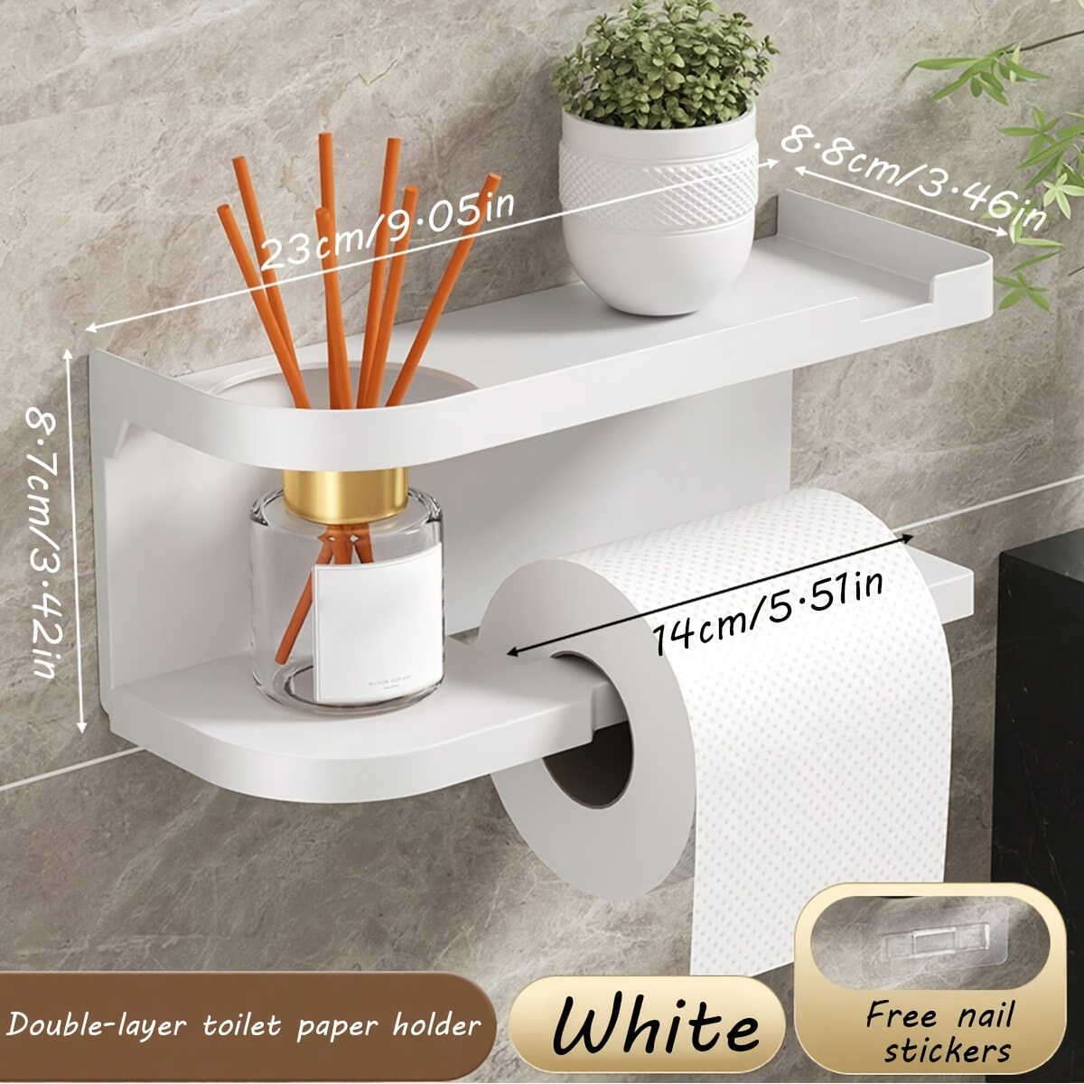 TEMU Amoichic No Drill Wall Mount Paper Towel Holder With Storage Shelf - Adhesive Backing Suitable For Kitchen, Space- Plastic Shelf & Roll Holder,