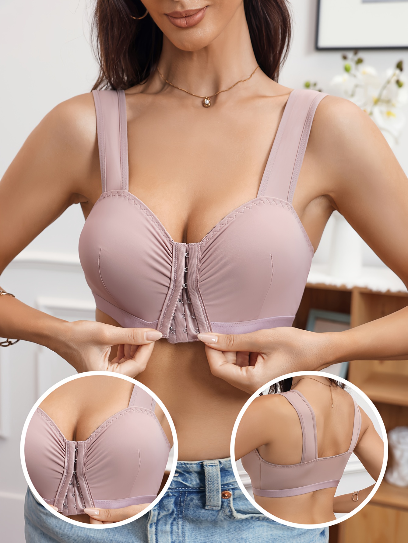 One-Piece Fashion European and American Large Front Buckle Comfortable Bra | Wireless, Solid Color, No Padding