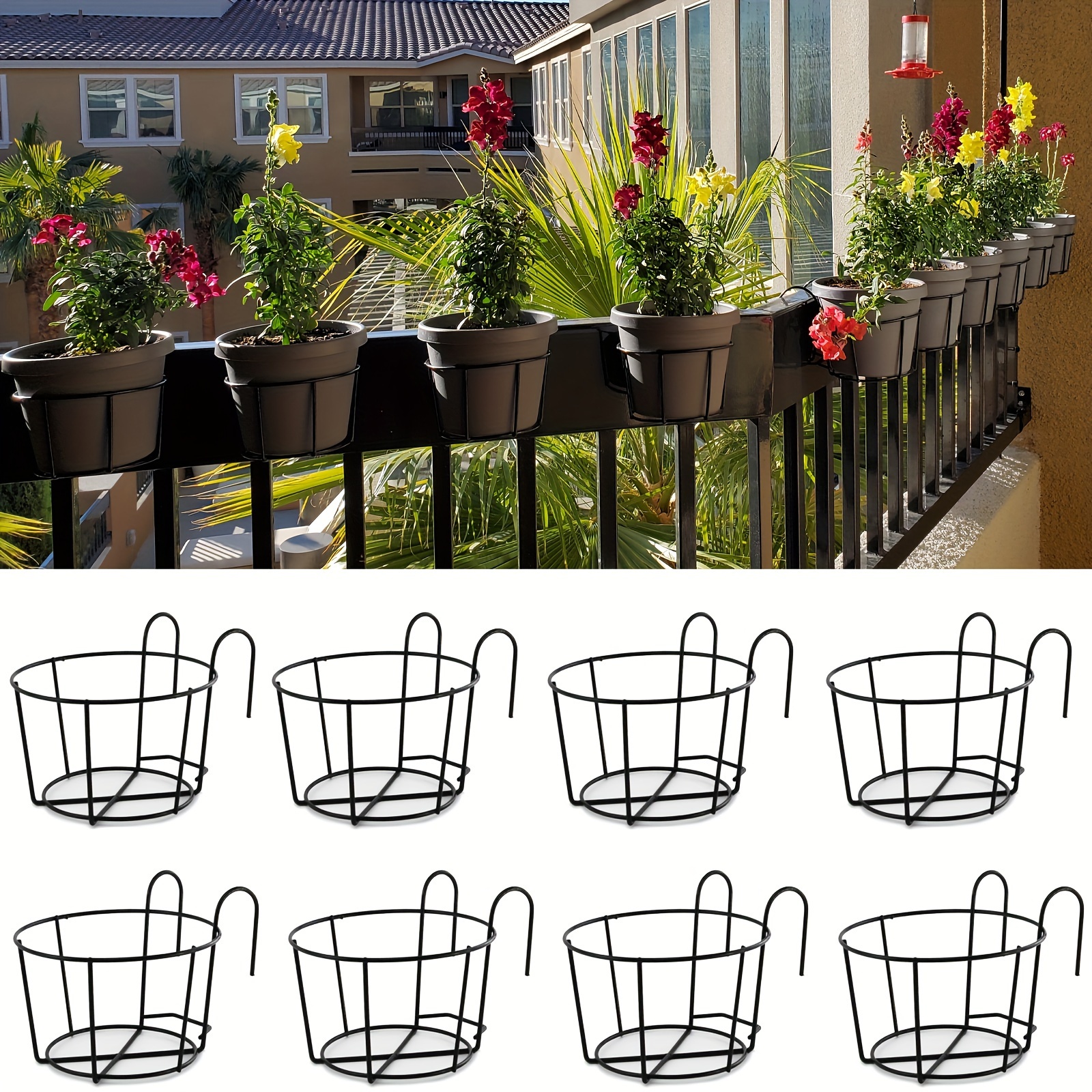 

8pcs Round Metal Hanging Planters - Black Iron Flower Pot Holders With Hooks For Balcony, Fence, And Garden Railing, Indoor/outdoor Use, Sturdy Steel Plant Baskets For Flowers And Greenery