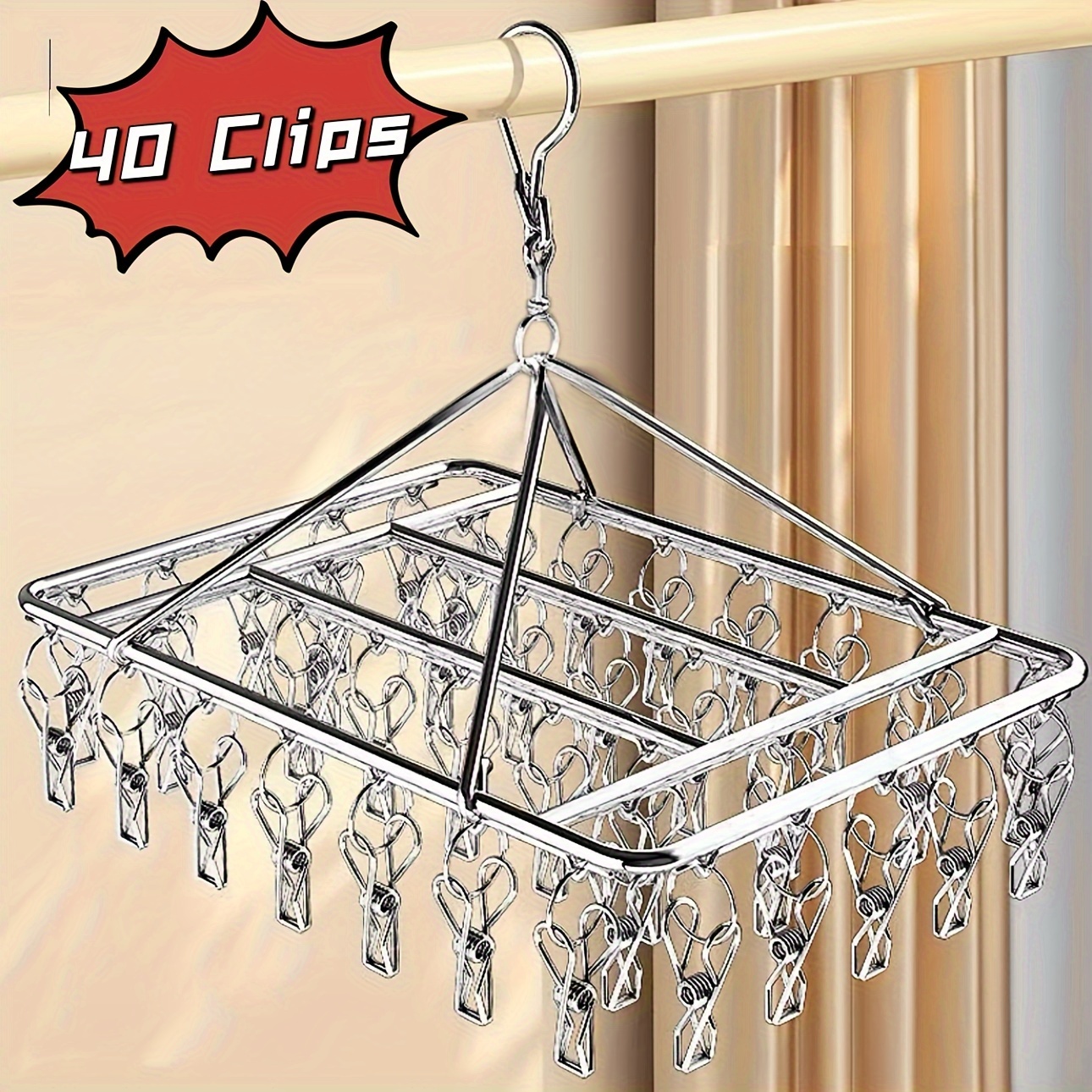 TEMU Stainless Steel Hanging Drying Rack With 40 Clips - Windproof, Waterproof & Rust-resistant - Perfect For Home And Store Use