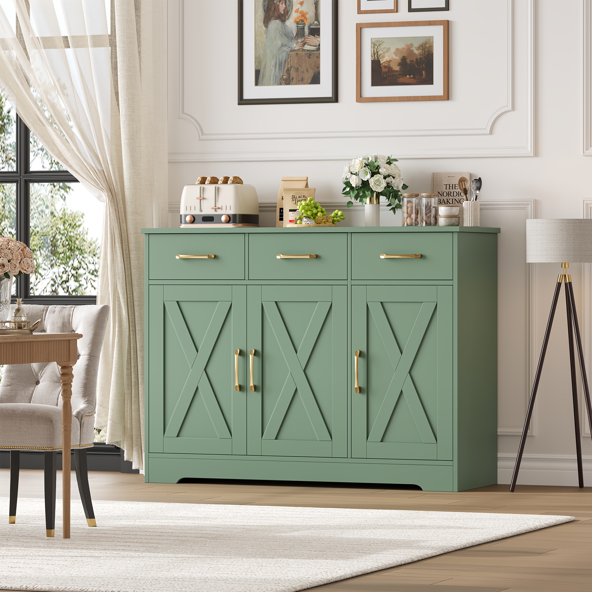 Image of Kealive Modern Green Wood Sideboard Cabinet With 3 Doors & 3 Drawers, Freestanding Buffet Storage With Countertop, Suitable For Dining Room, Living Room, Cabinet , Space- Furniture For Small Homes