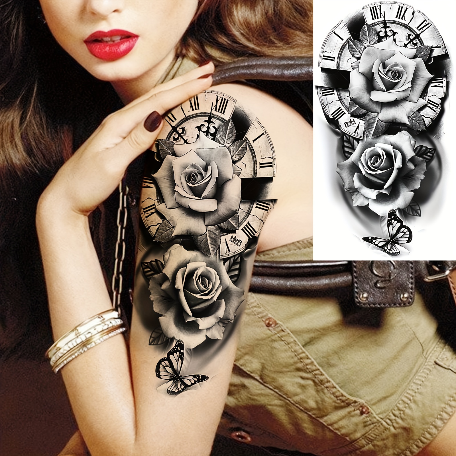 

Large 3d Rose Temporary Tattoo Sticker For Women, Waterproof Realistic Black Compass Clock Fake Tattoo Decals, Long-lasting Body Art For Adult Forearm Sleeve, Arm, Leg Makeup - 1 Sheet, Oblong Shape