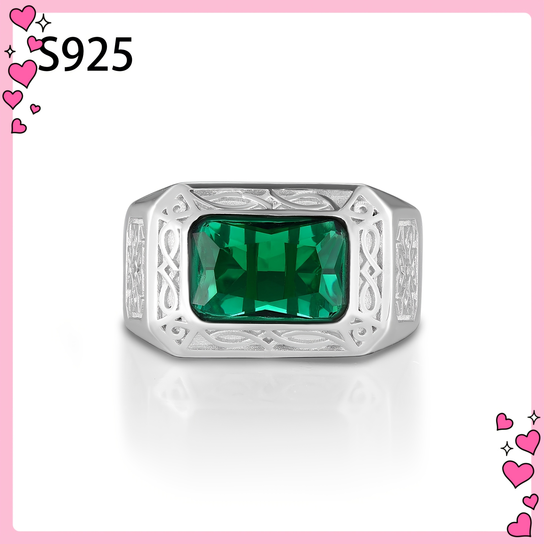 

1pc S925 Men's Pure Silvery Ring, 5 Carat Artificial Synthetic Emerald, Simple Pattern, Retro And Elegant Design Suitable For Father's Day, Holiday Gifts, , Etc., Silvery Weight