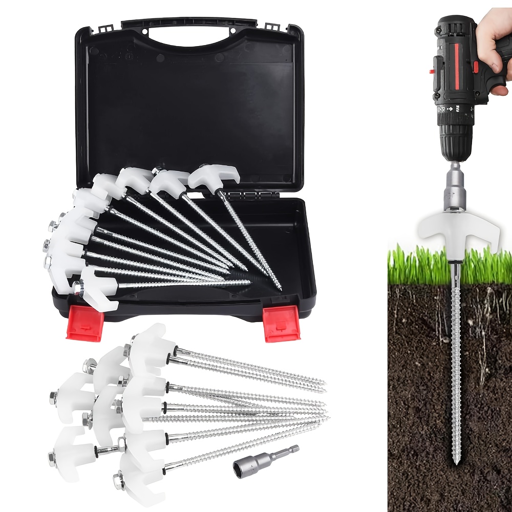 Image of Set Of 18 Screw-in Tent Pegs Made Of Glowing Carbon Steel, Complete With A Carrying Case And Drill Bit, Ideal For Outdoor Camping And Securing Awnings