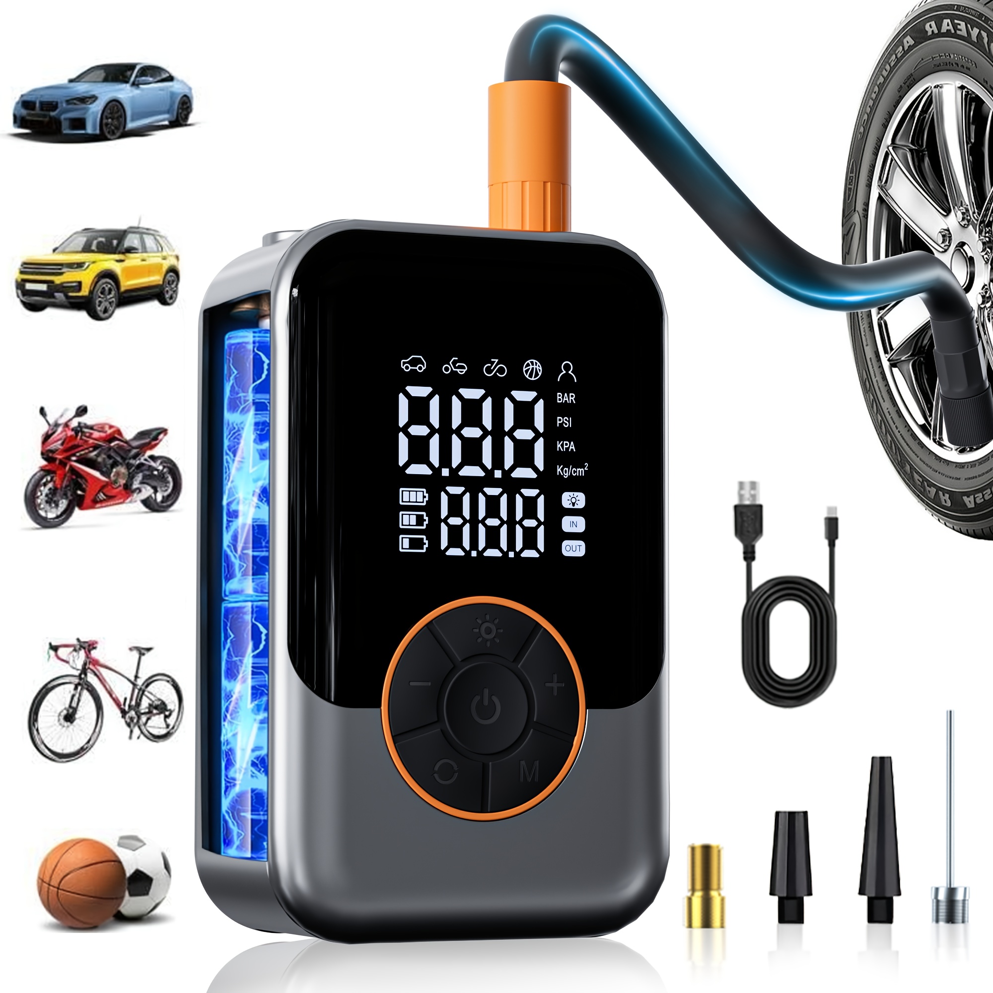 E-shop Tragbarer Luftkompressor - Digitales Display, LED-Licht, Typ-C-Ladung, für Auto-/Motorradreifen, weniger als 36V sichere Spannung. Geschenkidee