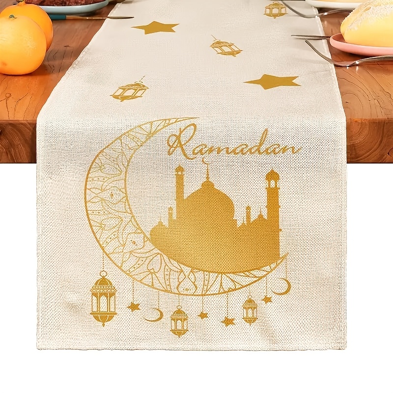 

1pc Ramadan Table Runner - Woven Polyester Rectangular Table Cloth With Vintage Mosque And Design, Eid Kitchen Dining Decor For Holiday Party Decoration