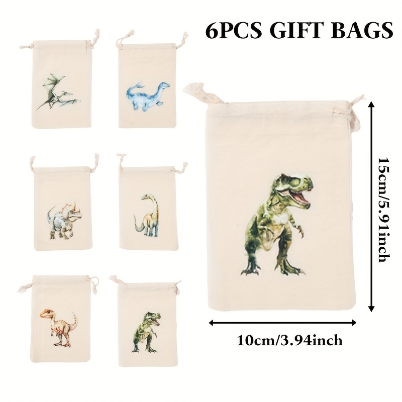Gift For Her/him Set Of 6, Dinosaur-themed Drawstring Gift Bags Featuring , , And Velociraptor Designs, Perfect For 1st Birthday Celebrations, Baby Shower Decor, And Dinosaur-themed Party Decorations