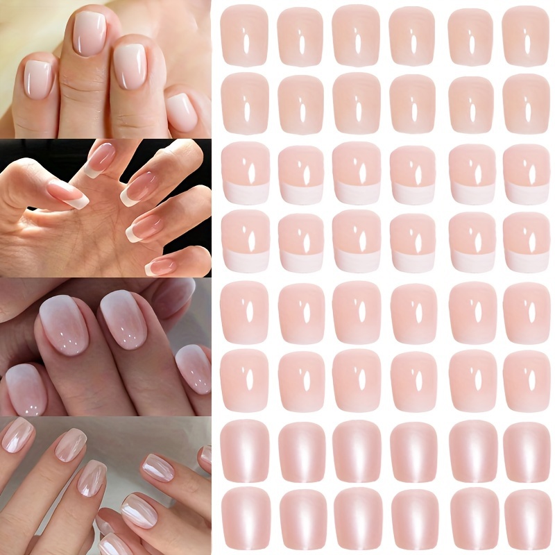 

96pcs French Tip Press-on Nails Set - Matte , Short Square Acrylic Fake Nails In With Glitter Accents For Care