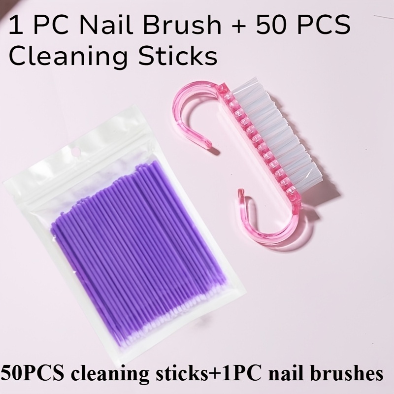 TEMU Pink For Nail Brush And Cleaning Stick, Includes 1pc Pink For Nail Brush And 50pcs Sticks, Portable For Nail Brush, For Nail Cleaning Tool,