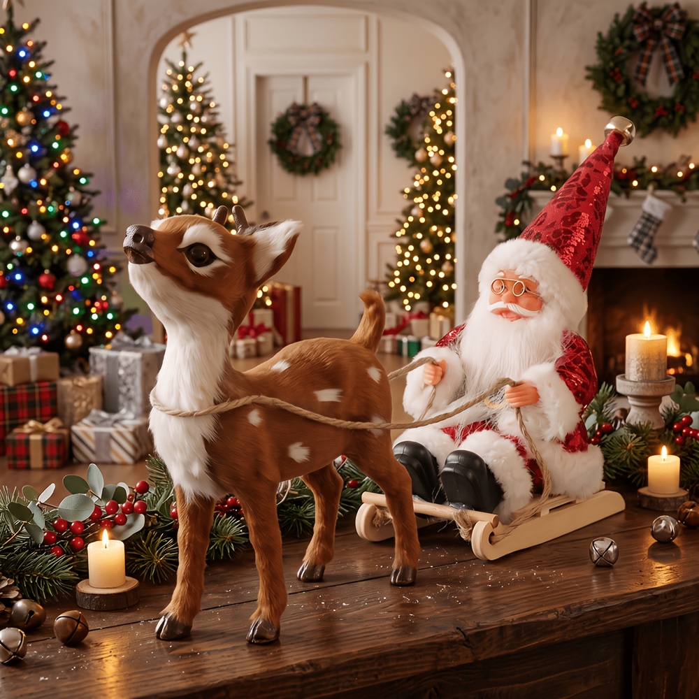 TEMU Christmas Table Decoration Set 2pcs, Cute Spotted Reindeer Ornaments With Santa Claus Wooden Sleigh Statue, Farmhouse Style Christmas Fireplace