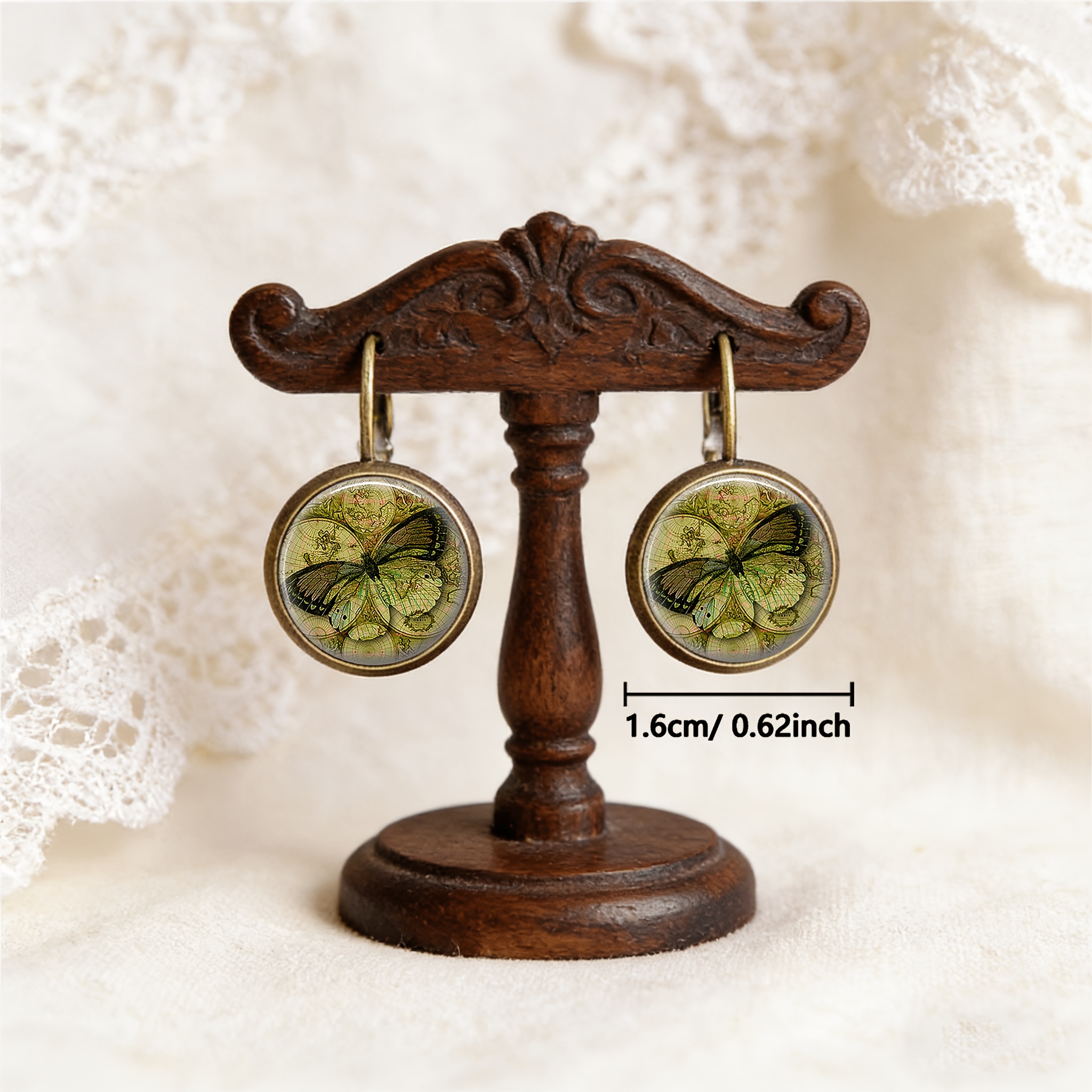 2pc Antique Cyan Round Classical Earrings Set, Butterfly Design