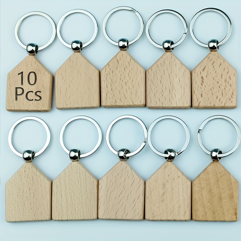 Image of 10pcs House Shape Wooden Blank Keychain, Diy Unfinished Wooden Name Key Tag Gift Keyring Bag Purse Charms
