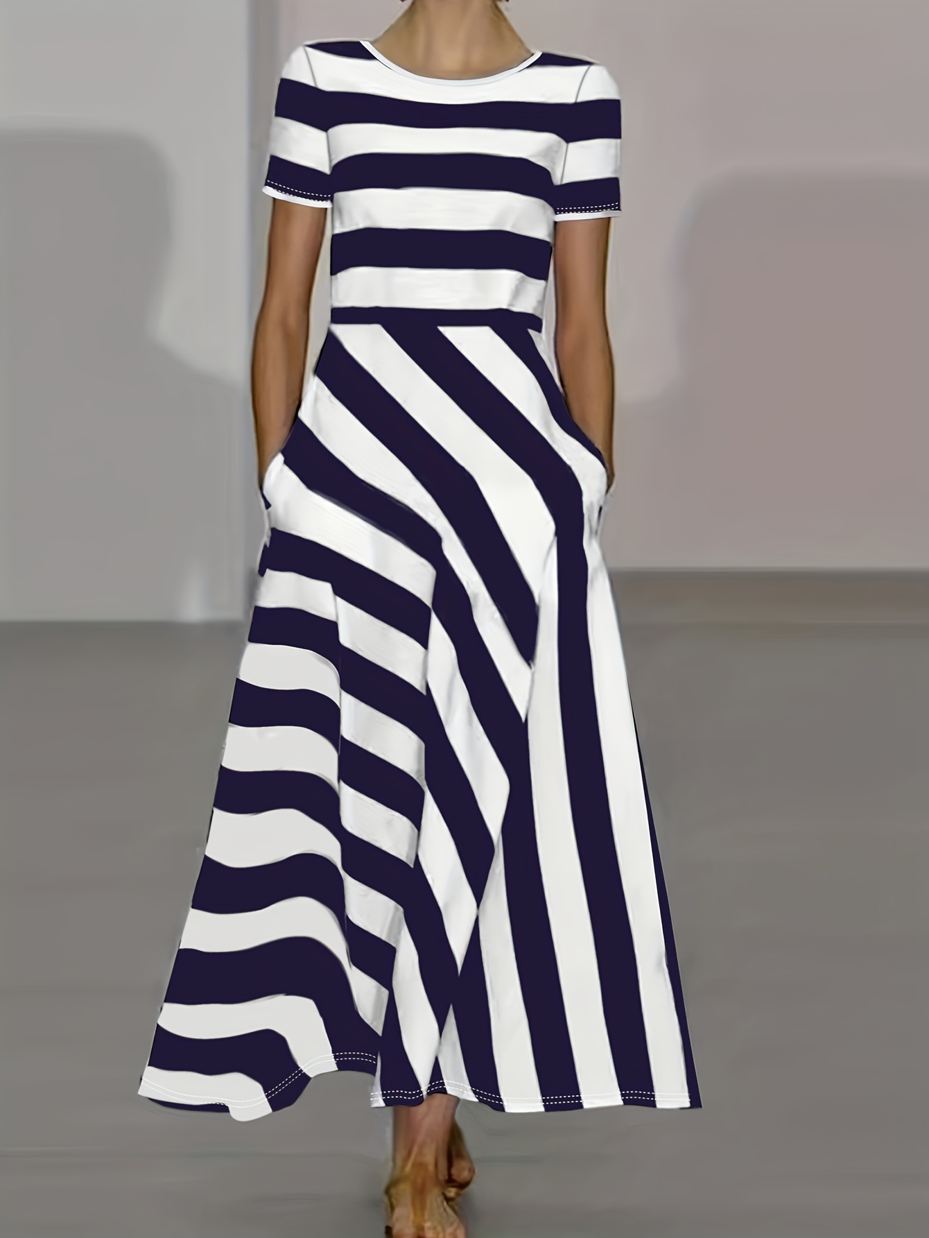 Women s Navy & White Horizontal stripe office to evening dress - Flattering A-Line silhouette, Machine Washable - Professional to Casual Outfits for Spring/Fall/Summer - Elegant Everyday & Formal Attire, Fall Wardrobe,  , Durable Material,  