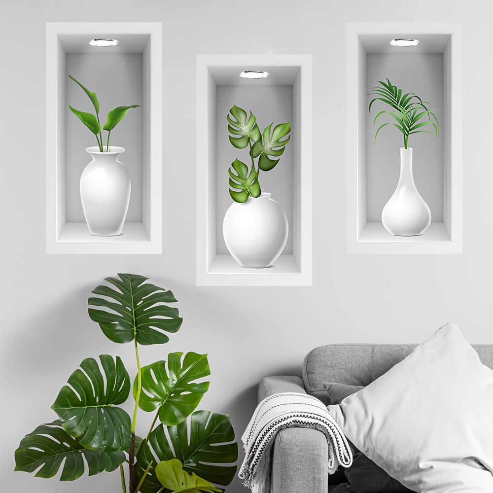 

3pcs Classic Potted Decals - Removable, Self-adhesive Stickers For Living Room & Dining Room Decor