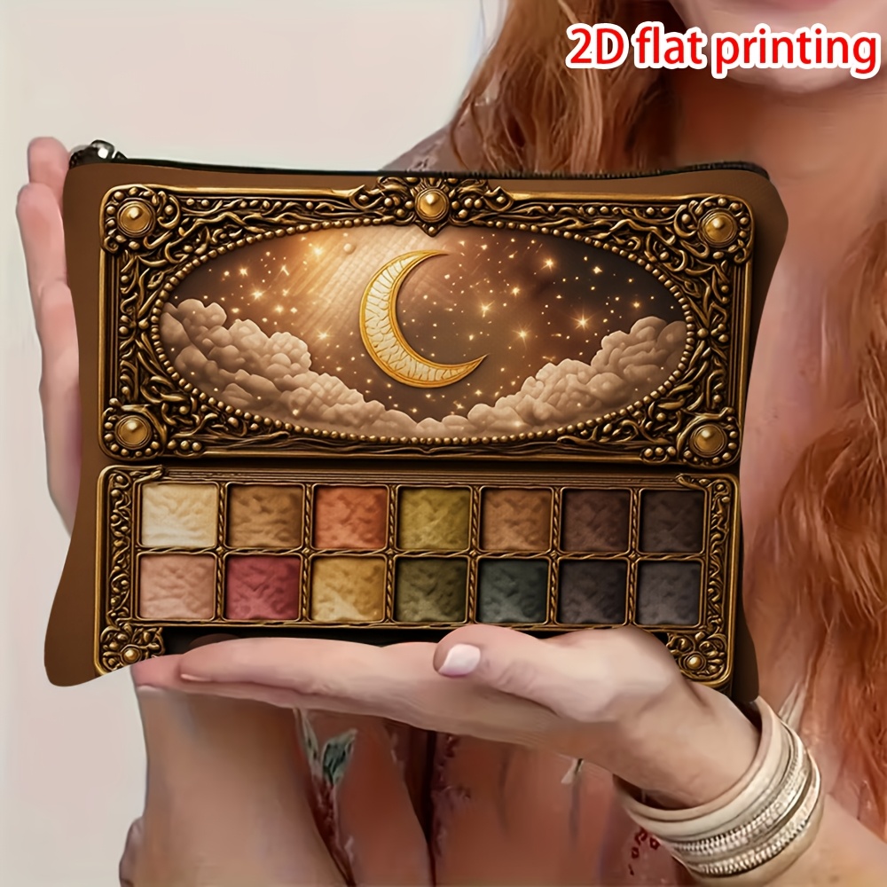 TEMU 1 Rectangular Makeup Bag With 2d Flat Printing, Featuring A Brown Eyeshadow Palette Design With Moon, Cloud, And Star Patterns, Zipper Closure,