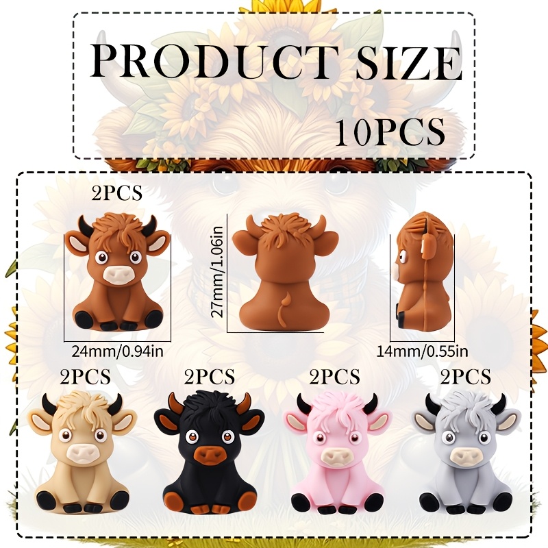 TEMU 10pcs Perles en silicone Vache Highland 3D 5 couleurs mignonnes - Perles focales en silicone, Design tendance, Perles pour la fabrication de
