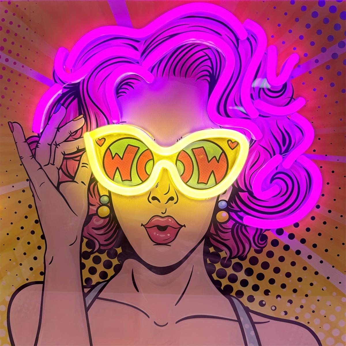 

Chic Curly Hair Girl 'wow' Neon Sign - Uv Printed, Wall-mounted Led Light For Bedroom, Bar, And Party Decor - Usb Powered