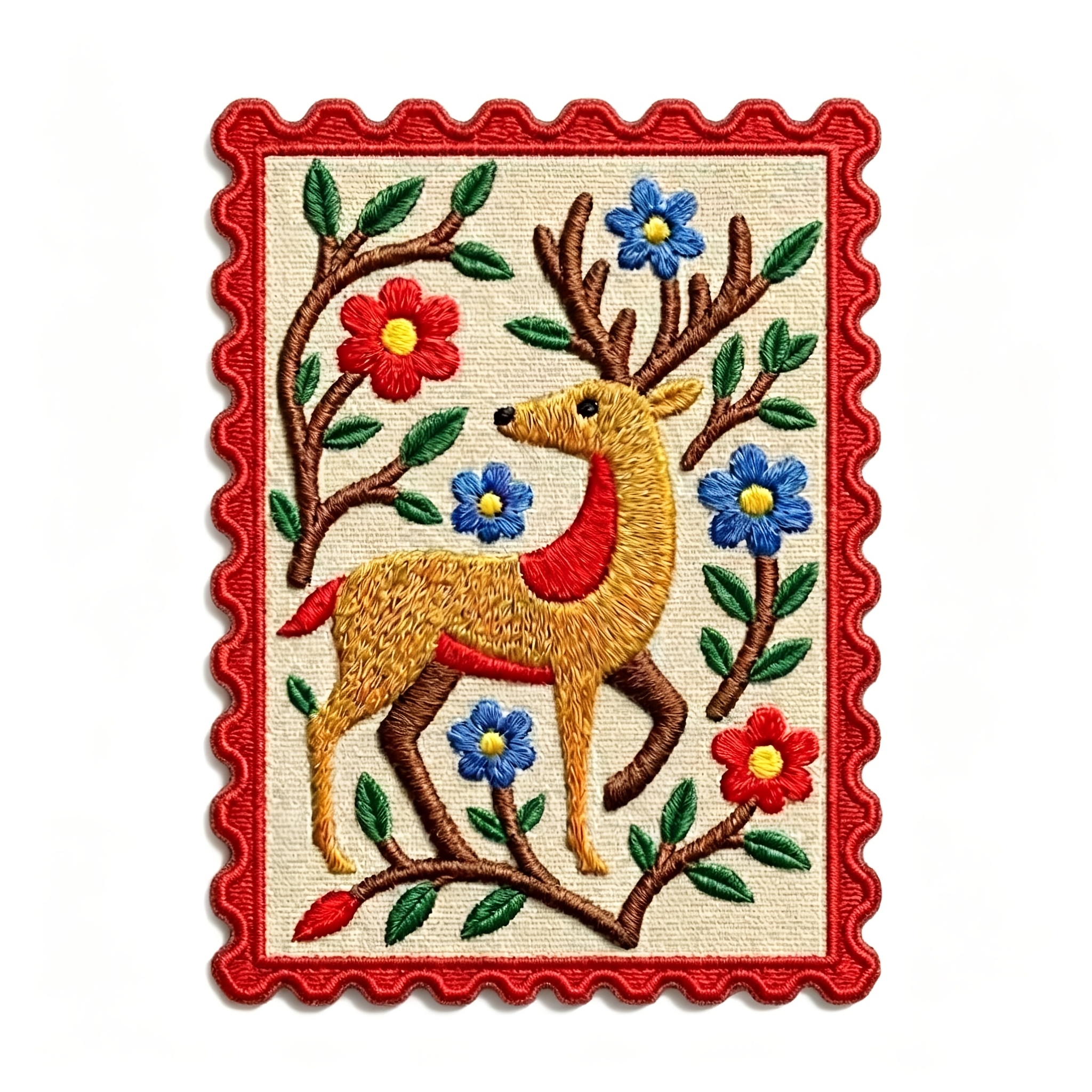 TEMU 1pc Vintage Shape Embroidery Iron On Patch, Floral Deer Wave Red Border Sew On Applique Badge, Forest Elk Flower Heat Transfer Patch For Jacket
