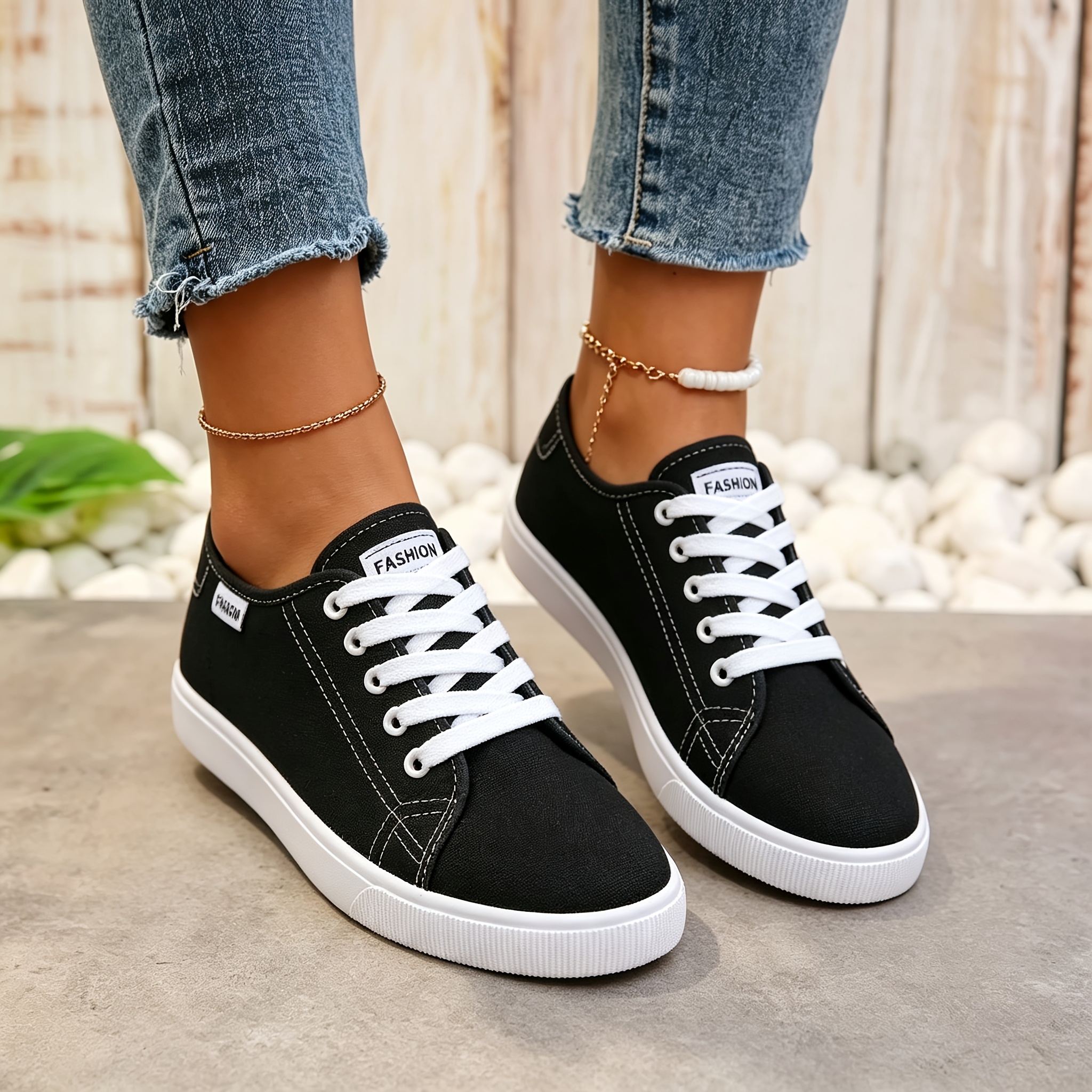 TEMU Black Canvas Sneakers For Women, Lace Up Low Top Casual Shoes, Women's Sneakers With White Sole, Black Shoes For Women, Summer Shoes For Women,