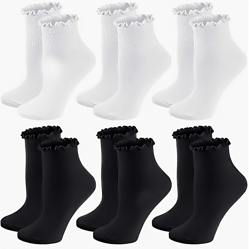 

6 Pairs Solid Color Ruffle Trim Ankle Socks, Comfy & Breathable Short Socks, Women's Stockings & Hosiery