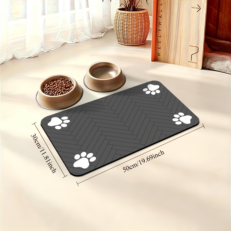 Image of Geometric Paw Print Silica Gel Dog Feeding Mat - Non-slip, Quick- Absorbent Pet Food & Water Bowl Pad, Rectangle Shape For To Medium Dogs - Durable Pet Accessory