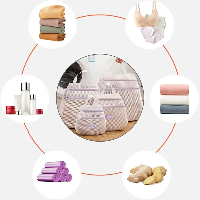 1шт двойной слой многофункциональный полиэстеровый мешок для стирки овальной формы, плетёная сетка для хранения с застёжкой-молнией, усиленная ручка, дышащая сетка для носков и нижнего белья, удобный для путешествий, вешалка-органайзер, мешки для стирки, детали 7