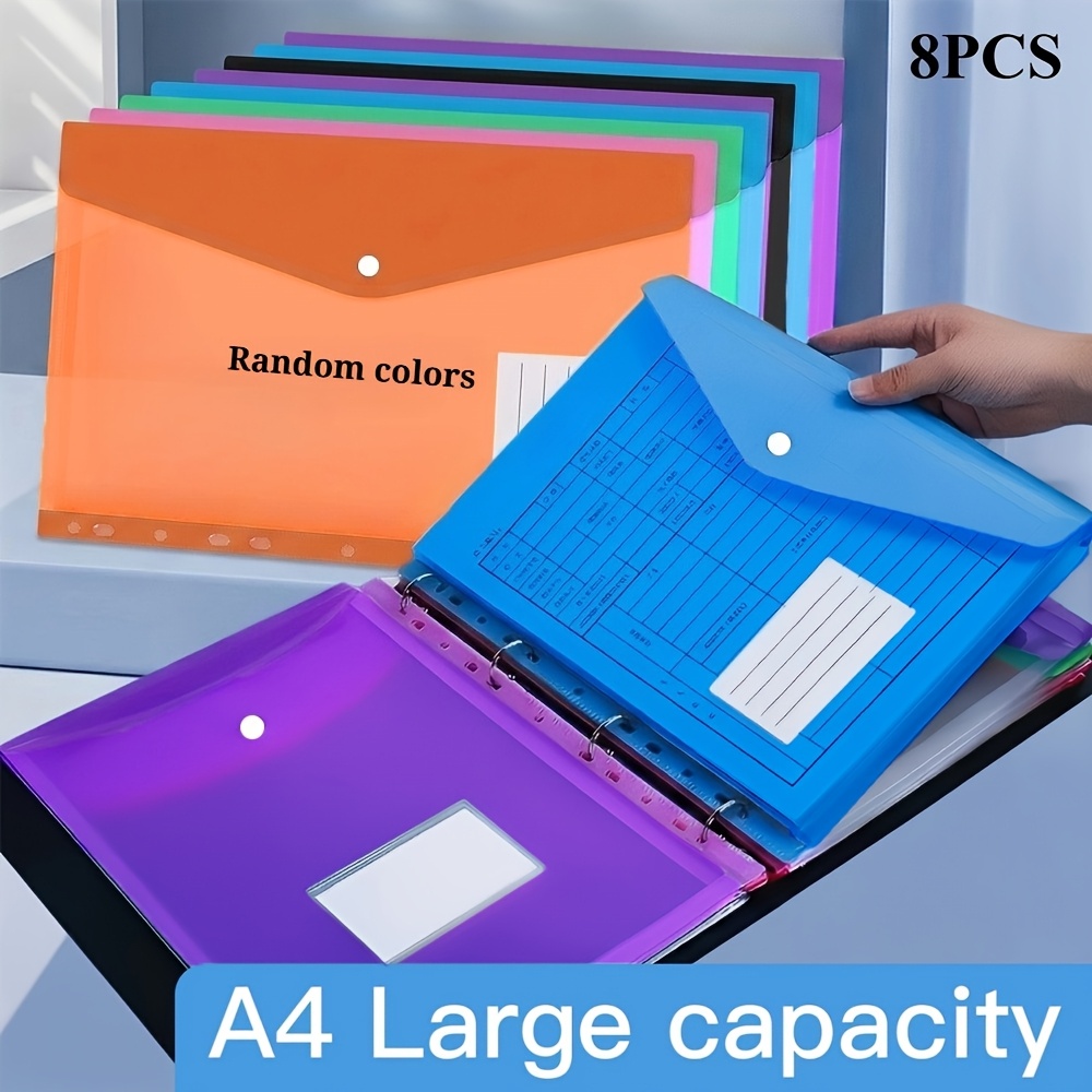 TEMU Arxr 8 Pack A4 11-hole Pp Snap Button Binder Pouches, Expandable Document File Bags Pocket, Large Capacity Clear Portable Storage Organizer For