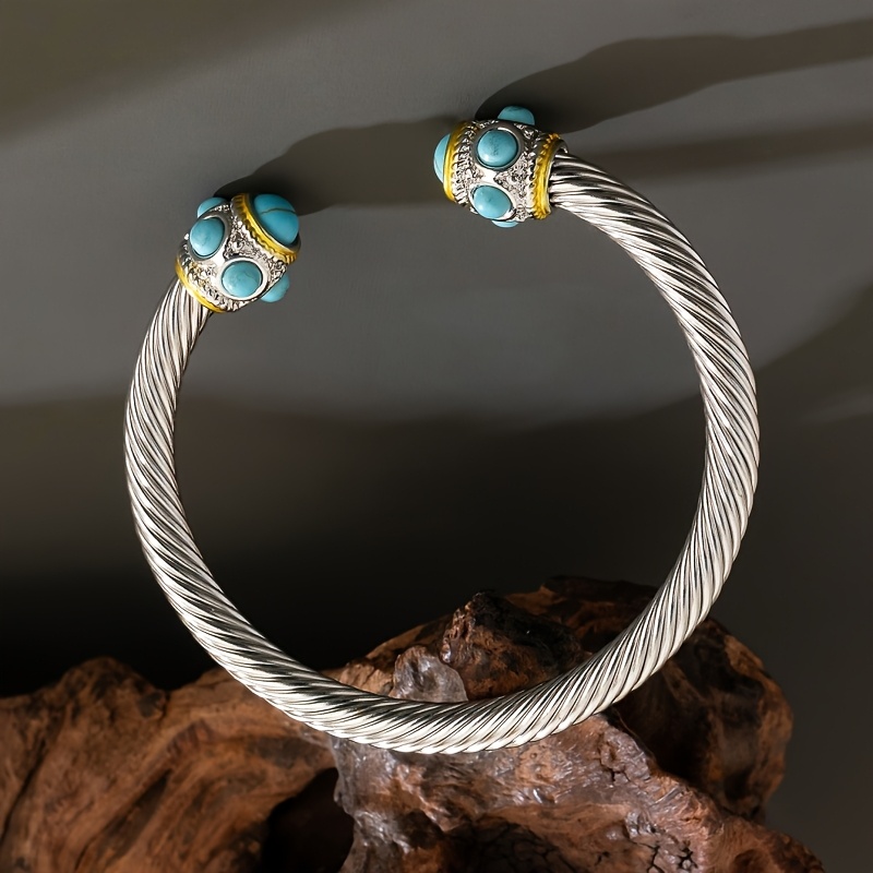 Women's Vintage Blue Synthetic Stone Open Bangle Bracelet, Adjustable