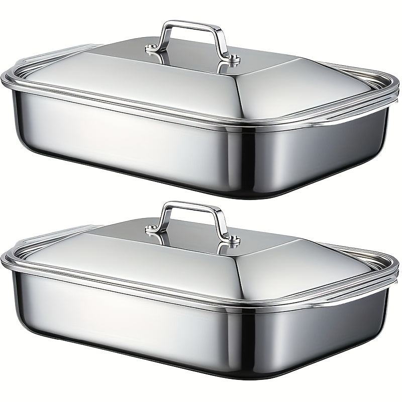 TEMU 2/1pc Roasting Pan, Stainless Steel Baking Pans, Multi-functional Bakeware For Bread, Cakes, Seafood, Bbq, Ideal Baking Tools, Durable And Easy