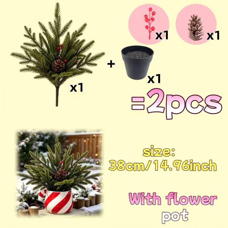 TEMU 2pcs Set Of High-quality Artificial Green Needle Pine Trees With Pots, Outdoor Artificial Greenery | Uv-resistant - Evergreen | Suitable For