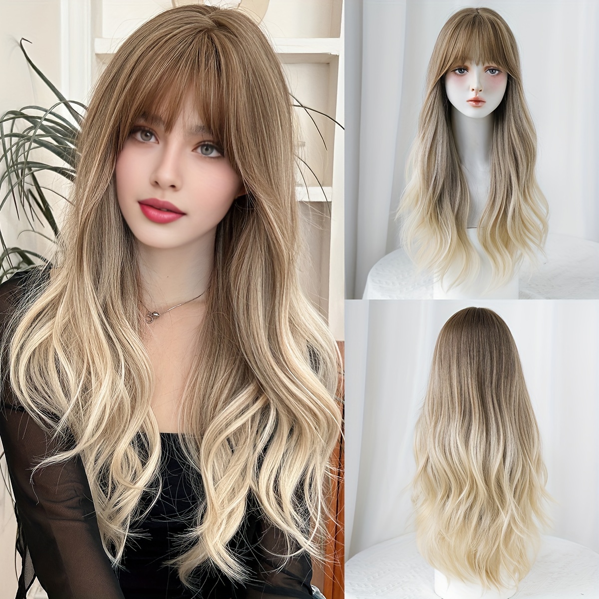 

1pc 7jhh Wigs Elegant Loose Curly Ombre Wig For Women, High-density 150% Cap, Heat Resistant Fiber, With Bangs, 26.37 Inches - For Daily & Party Use