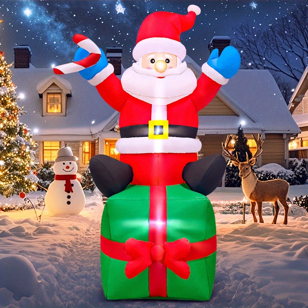 

6ft Christmas Inflatables Santa Claus Sitting On Gift Box, Christmas Blow Up Yard Decoration, Led Lights For Christmas Party Holiday , Outdoor Lawn Décor Christmas Decoration