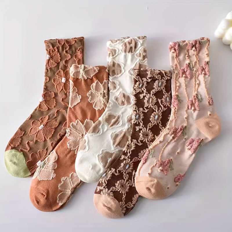 TEMU 5-pair Women's 3d Embossed Mid-calf Socks, High-value, Trendy, Versatile, Vintage Lace, New Arrival, Japanese-style Long Mid-calf Socks