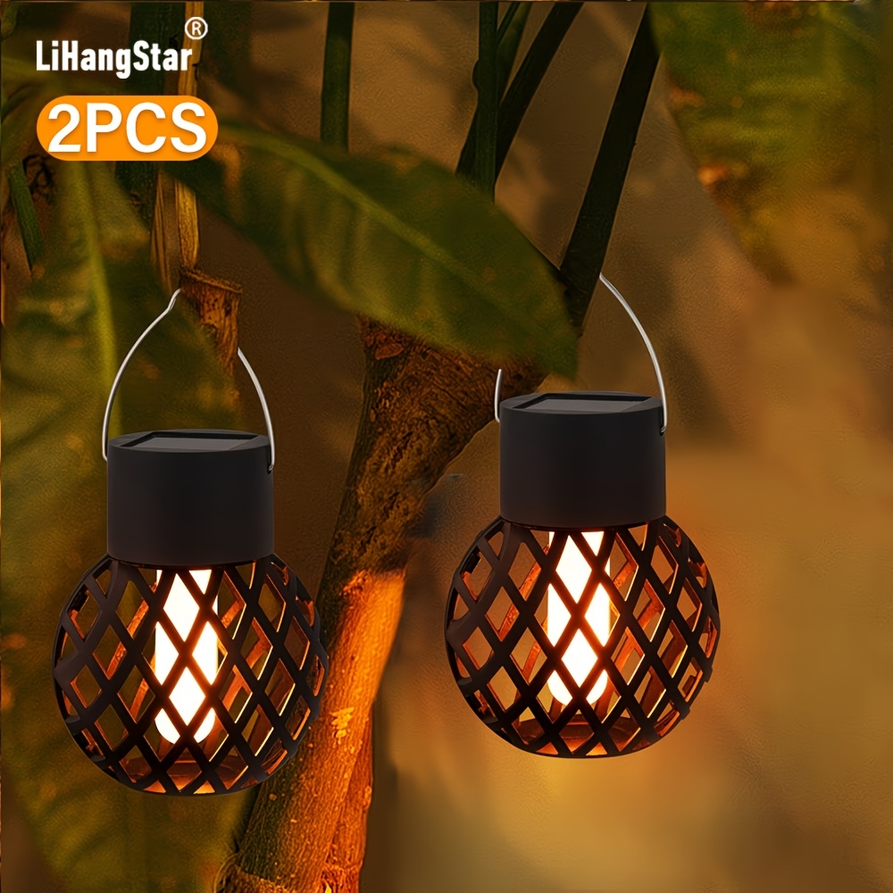 TEMU 2 piezas de farolillos solares de exterior, luces colgantes de jardín, luces LED de llama falsa; se pueden colgar o colocar verticalmente;