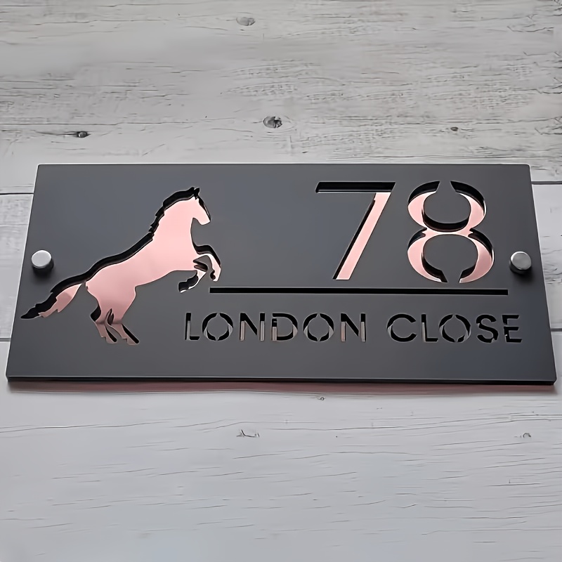 TEMU Custom Horse And Heart-shaped Address Plate - Personalized Modern Acrylic Doorplate, Golden Embellishments, Number 78 & London , No Power Supply