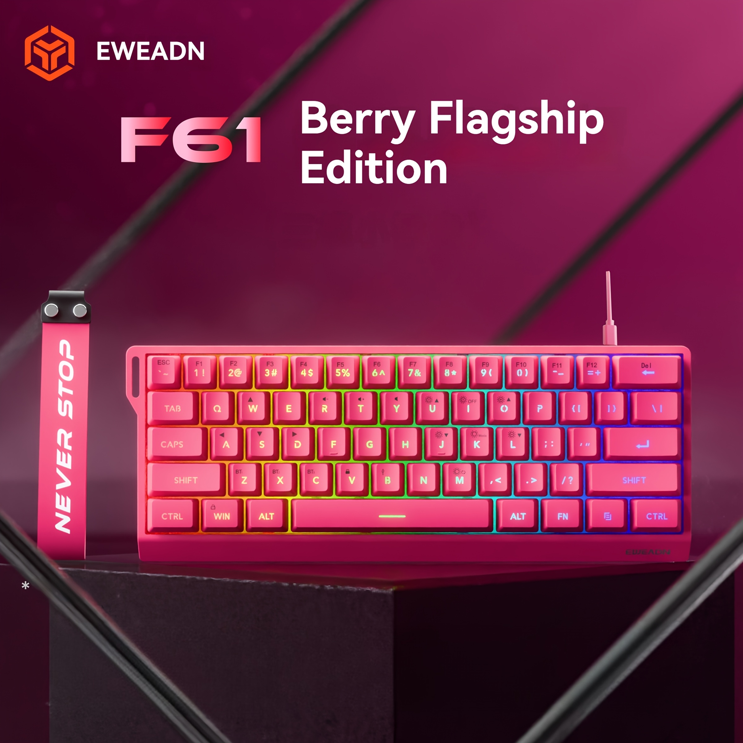 E-shop EWEADN 61-Tasten Kabelgebundenes Tastatur, Kompaktes Pinkes Design mit RGB-Hintergrundbeleuchtung, Typ-C-Anschluss, Leiser und Eleganter Stil,