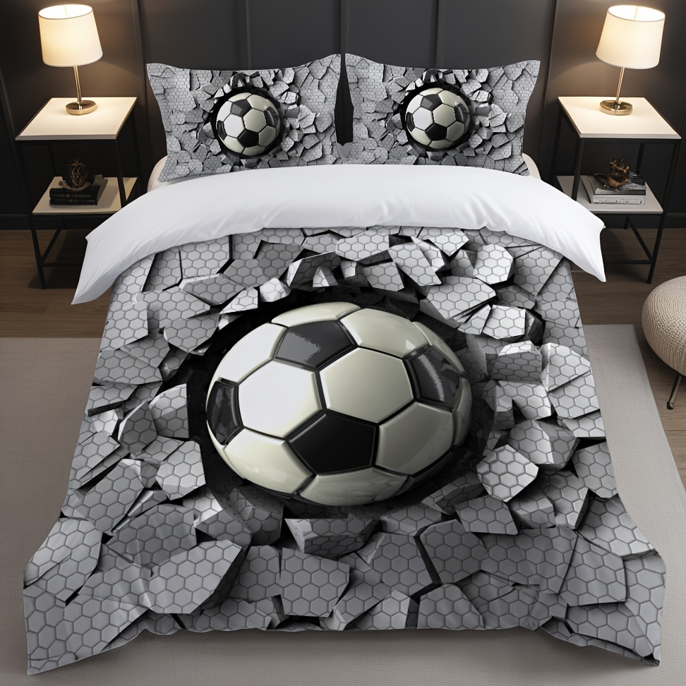 Image of 2/3pcs Duvet Cover Set, (1 Duvet Cover + 1/2 Pillowcase, Without Core) 3d University Football Hexagonal Impact Broken Cement Wall Print Soft Comfortable Bedding Set For Bedroom Dorm Room