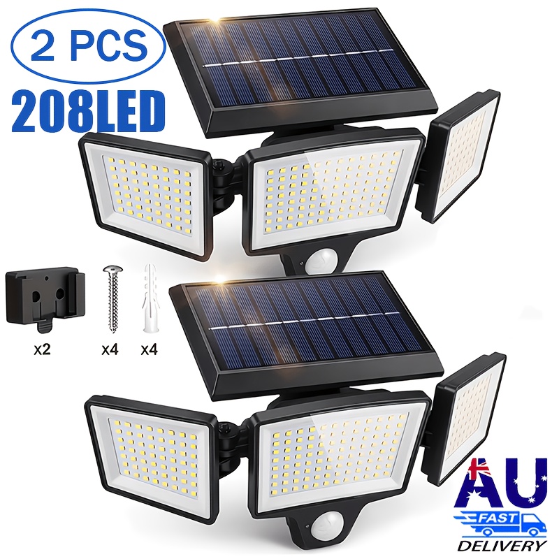 TEMU 2/4 Pack 3-head Solar Outdoor Lights With 208 Led Beads, 270 Wide Angle , Pir Motion Sensor, 3 Lighting , Ip44. Rotatable Adjustable Lamp Heads,