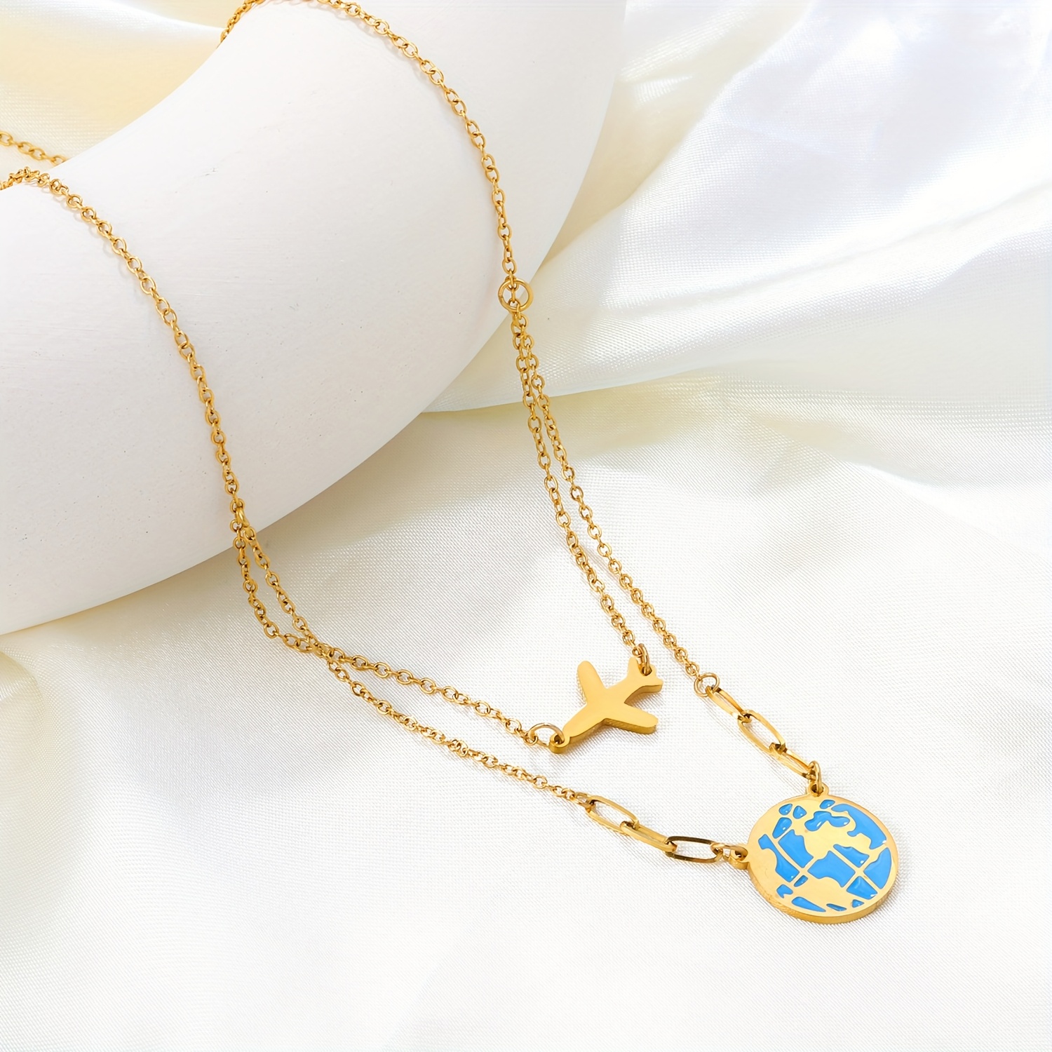 Women's Double-Layer Golden Airplane & Earth Pendant Necklace