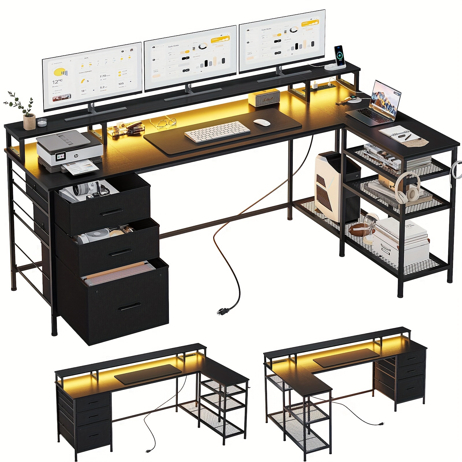 

78in Reversible L Shaped Gaming Desk With Led Light And Usb Port Charging Station, Black Computer Desk With File Drawer And Storage Shelves, Home Office Desk With Monitor Shelf, Mouse Pad