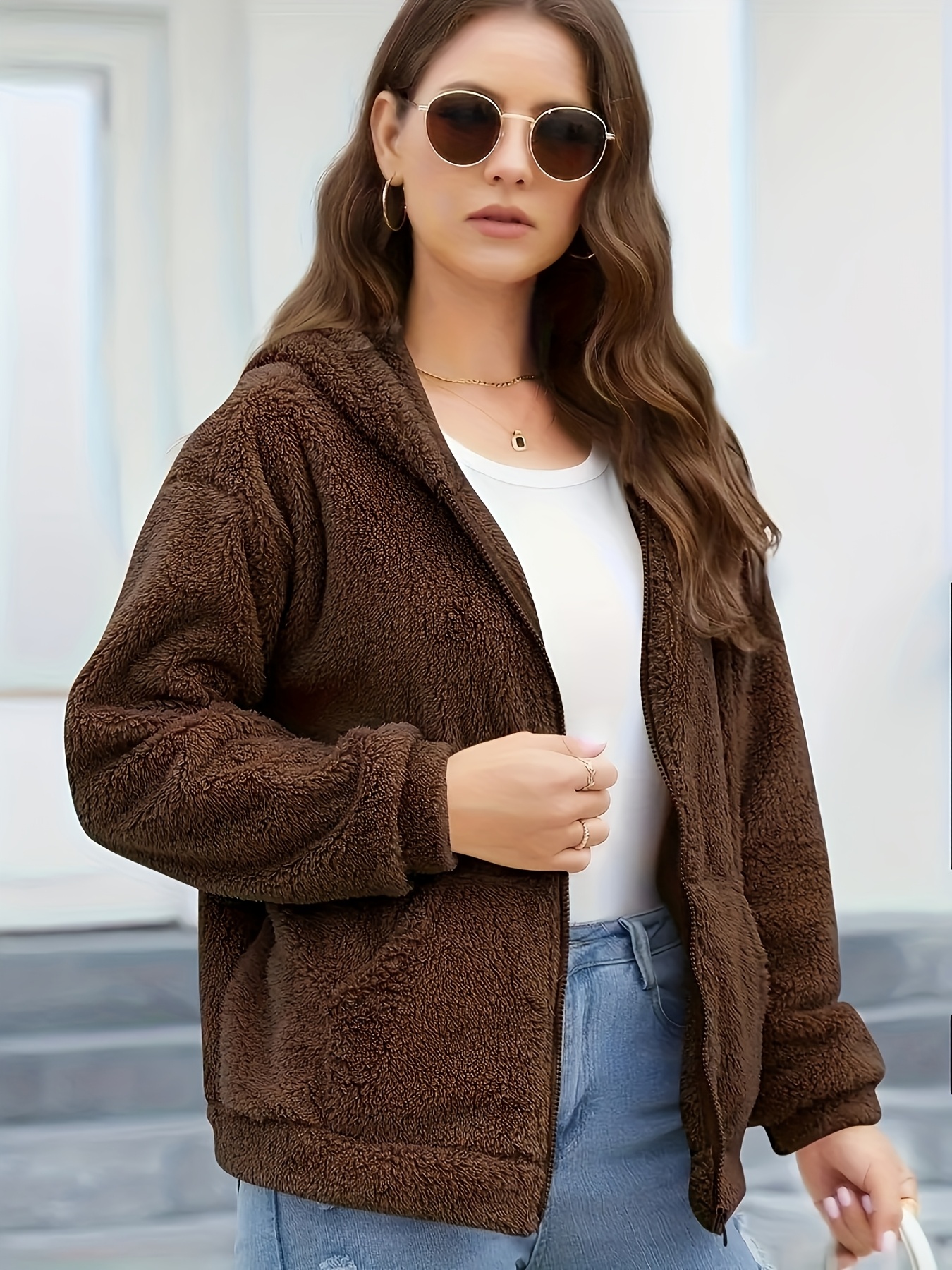 casual solid color with pockets front zipper closure suitable for autumn winter soft zip up outerwear