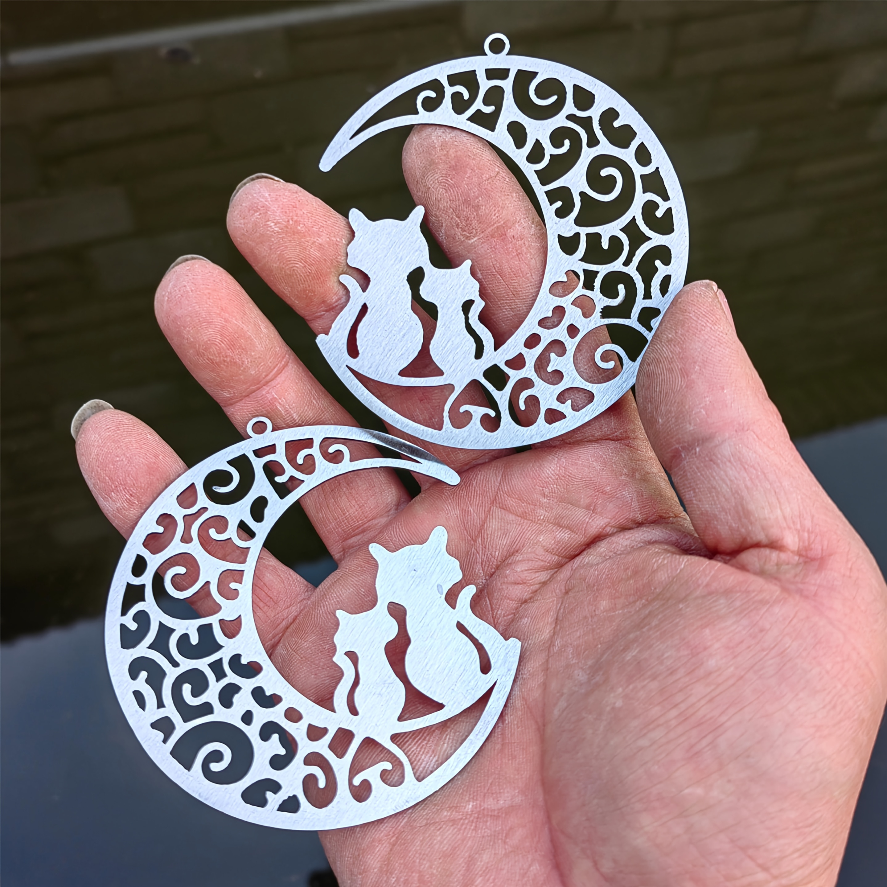 Image of Set Of 2 Stainless Steel Moon Cat Ornaments Measuring 2" And 2.75" - Additions For Suncatchers, Parts For Wind Chimes, Connectors, Charms For Pet Lovers, And Decorative Items For Home Decor