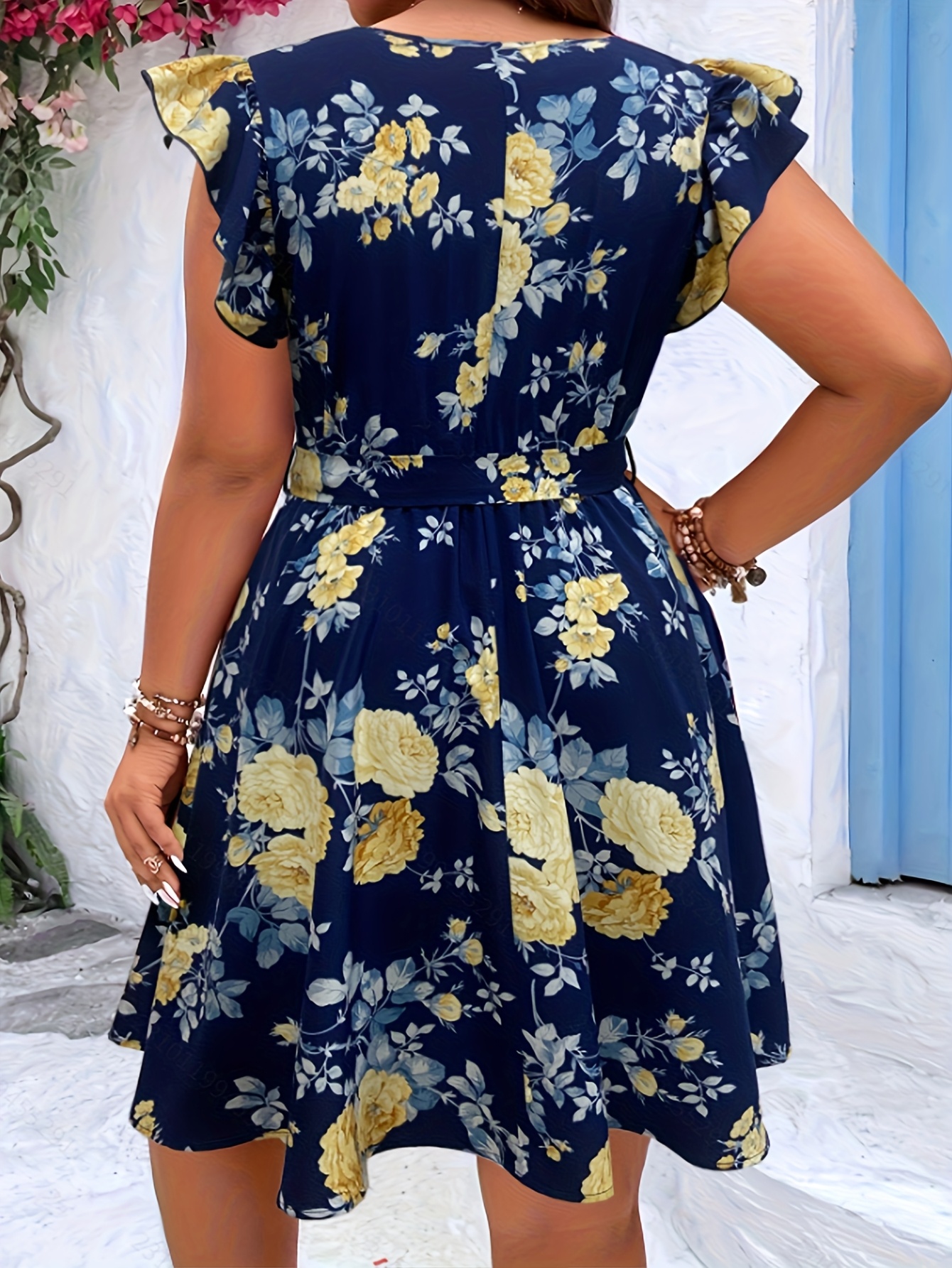 plus size casual floral print dress navy blue yellow roses Temu
