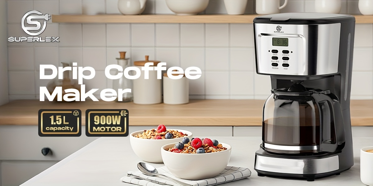 SUPERLEX Filter Coffee Machine 1.5L 12 Cups with 900W 6 Functions Strength, Timer, LCD Display, Dishwasher-Safe Glass Carafe Compact Black